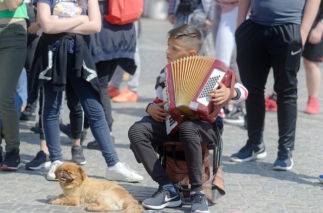 malý chlapec hrající na akordeon